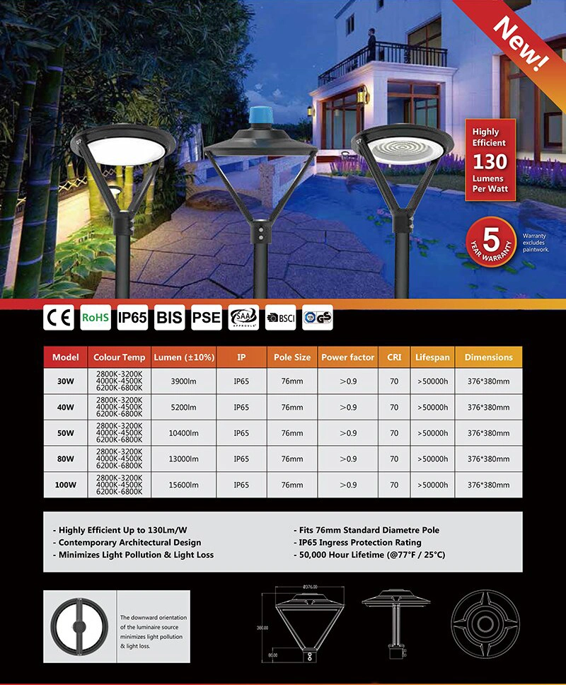 Aluminium IP66 Park Lantern 60W Round LED Post Top Garden Landscape Light