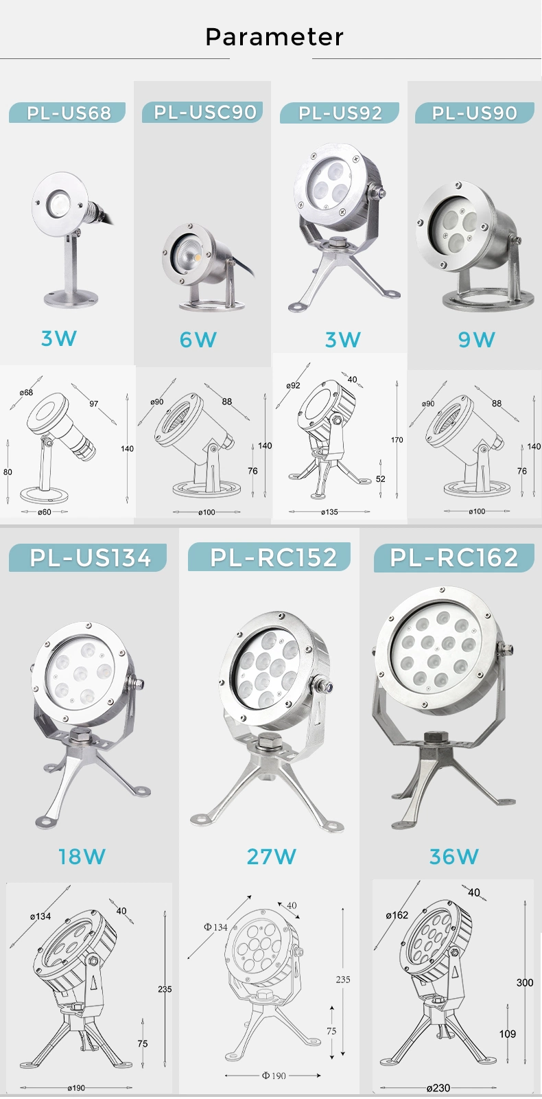 9X3w 316ss IP68 RGB LED Underwater Flood Spot Light