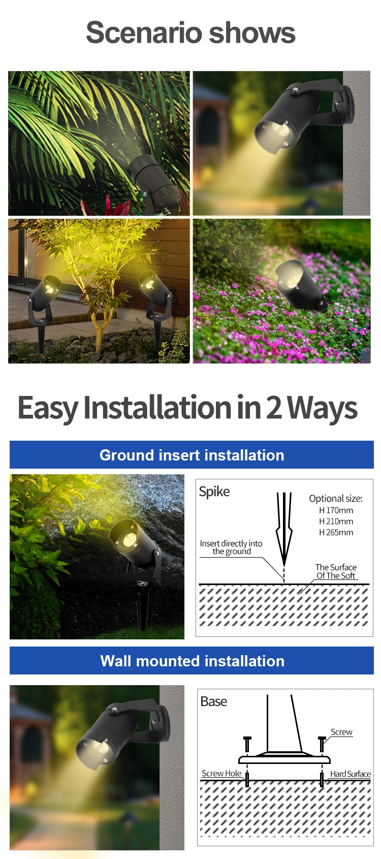 Modern Garden Outdoor Spot IP67 Adjustable LED Spike Light Street Decoration Bollard Lawn Light