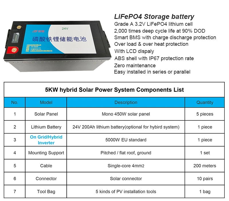 450W Widely Use Hybrid Grid 5kw Energy Home Light Solar Power Panel System with Inverter 24V 200ah Battery