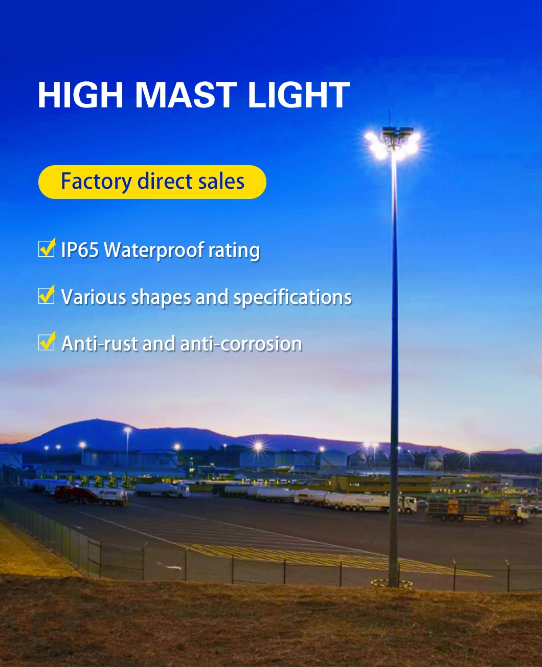 15m 20m 25m 30m 300W 400W 500W 1000W 1500W Waterproof Outdoor LED Flood High Mast Lighting with Pole for Airport Sports Stadium Lifting System