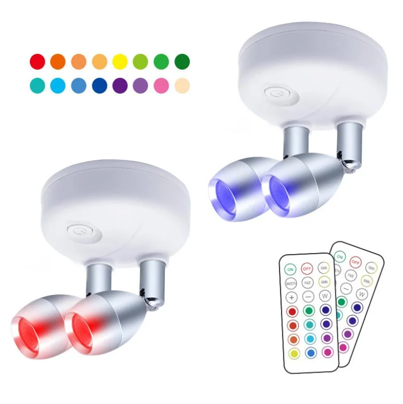 Dual Head RGB LED Indoor Decorative Wall Lighting Home Colorful Remote Control Battery Spot Lamp Adjustable Degree LED Cabinet Light with 3m Sticker