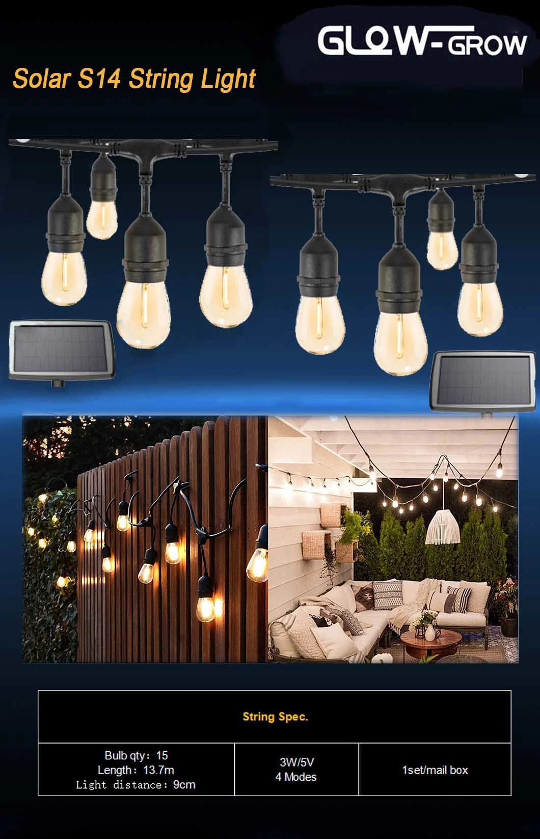 IP65 Solar Powered LED String Light Festoon Lights for Patio Wedding Home Garden Event Decoration