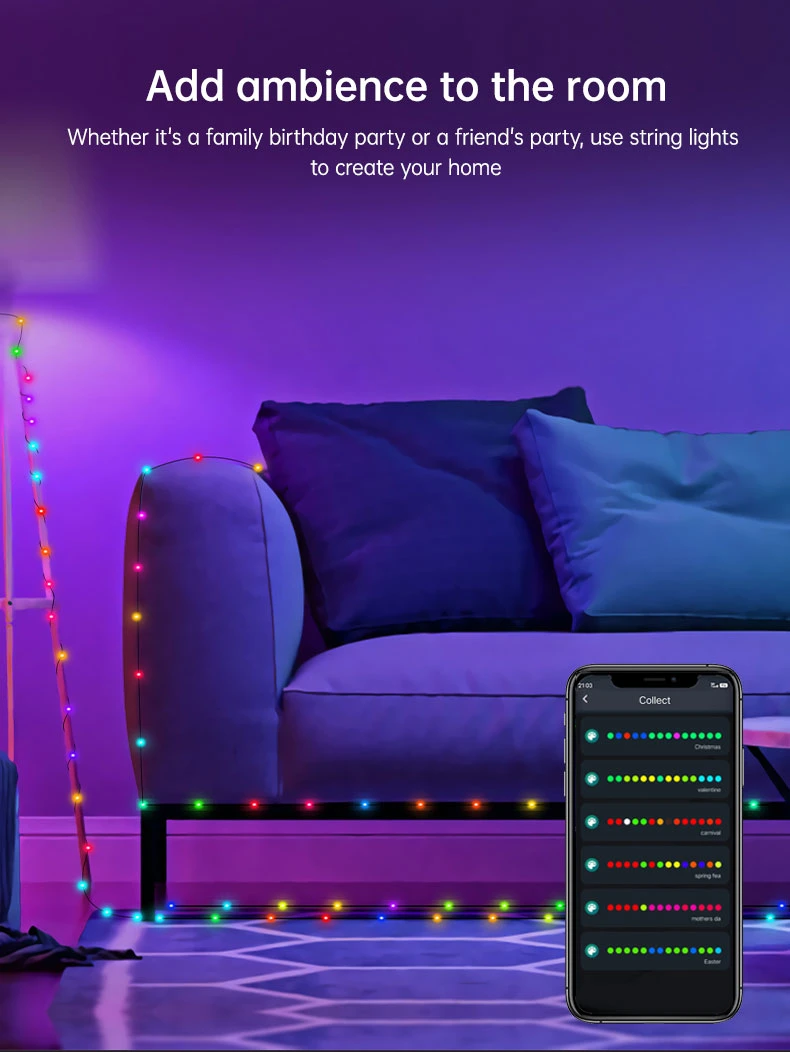 RGB Smart Fairy String Lights with 33FT USB/Solar/Battery Box DIY Twinkle Lights Remote &amp; APP Controlled Music Sync for Christmas