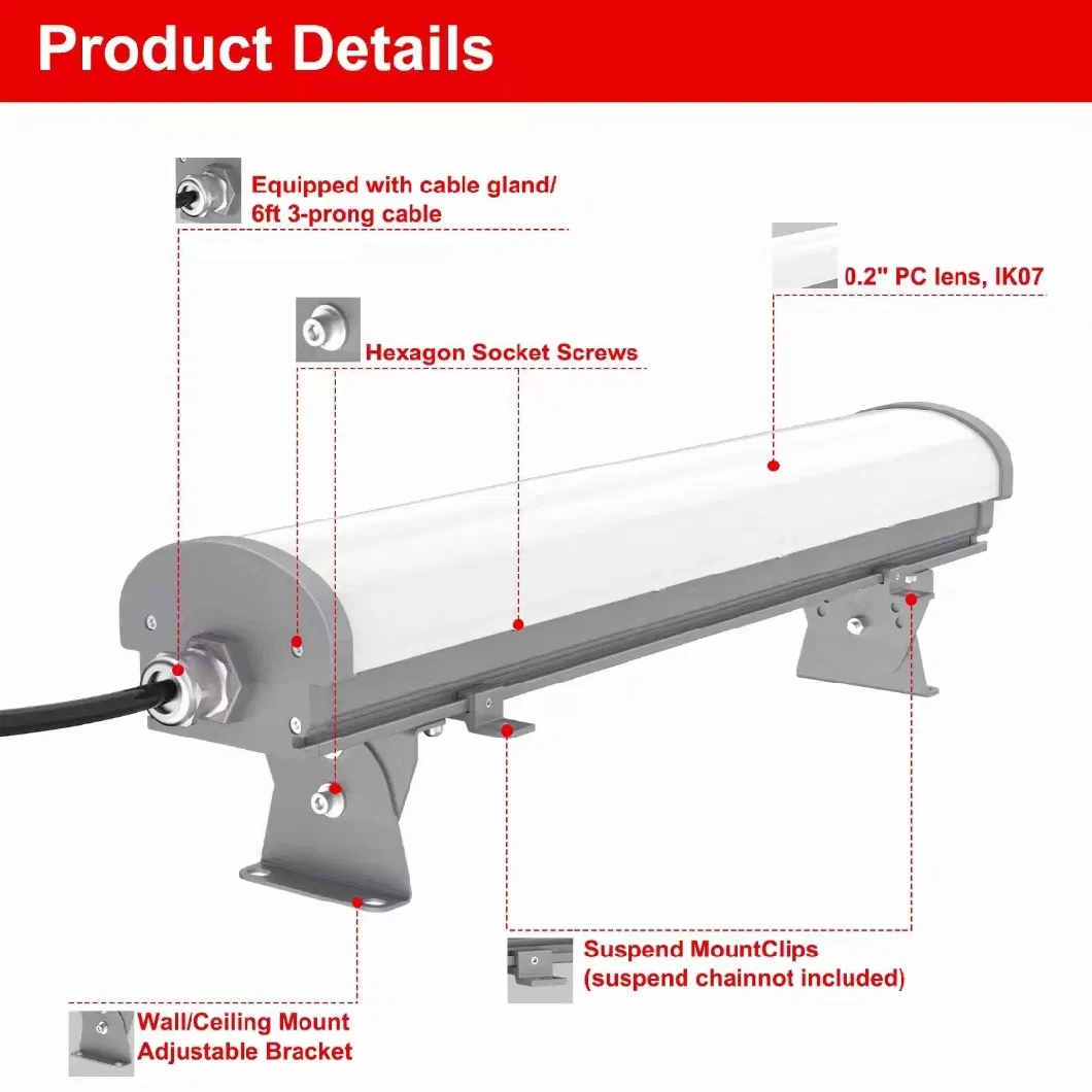 UL844 Atex Iecex Approved Hazardous Area 0.6m 0.9m 1.2m 20W 30W 40W 50W 60W 70W 80W 90W 100W Integral PC Cover Aluminum LED Linear Light 4FT 100W Lighting