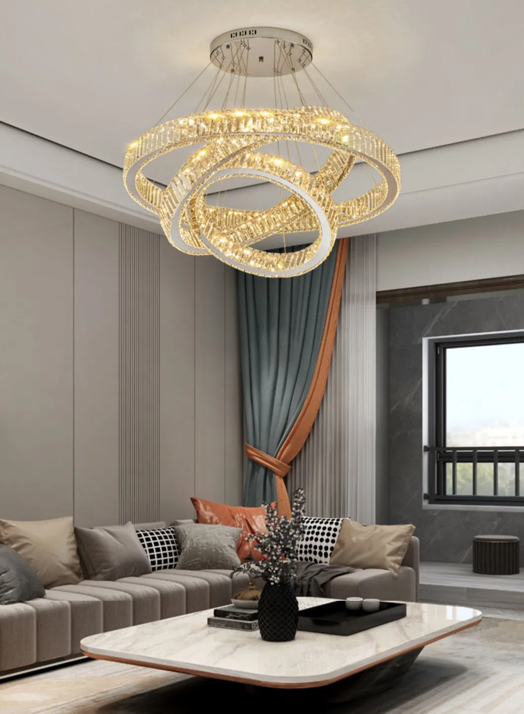 Luxury Contemporary Suspended Creative Ring Hanging Crystal Chandelier Pendant Industrial Lighting
