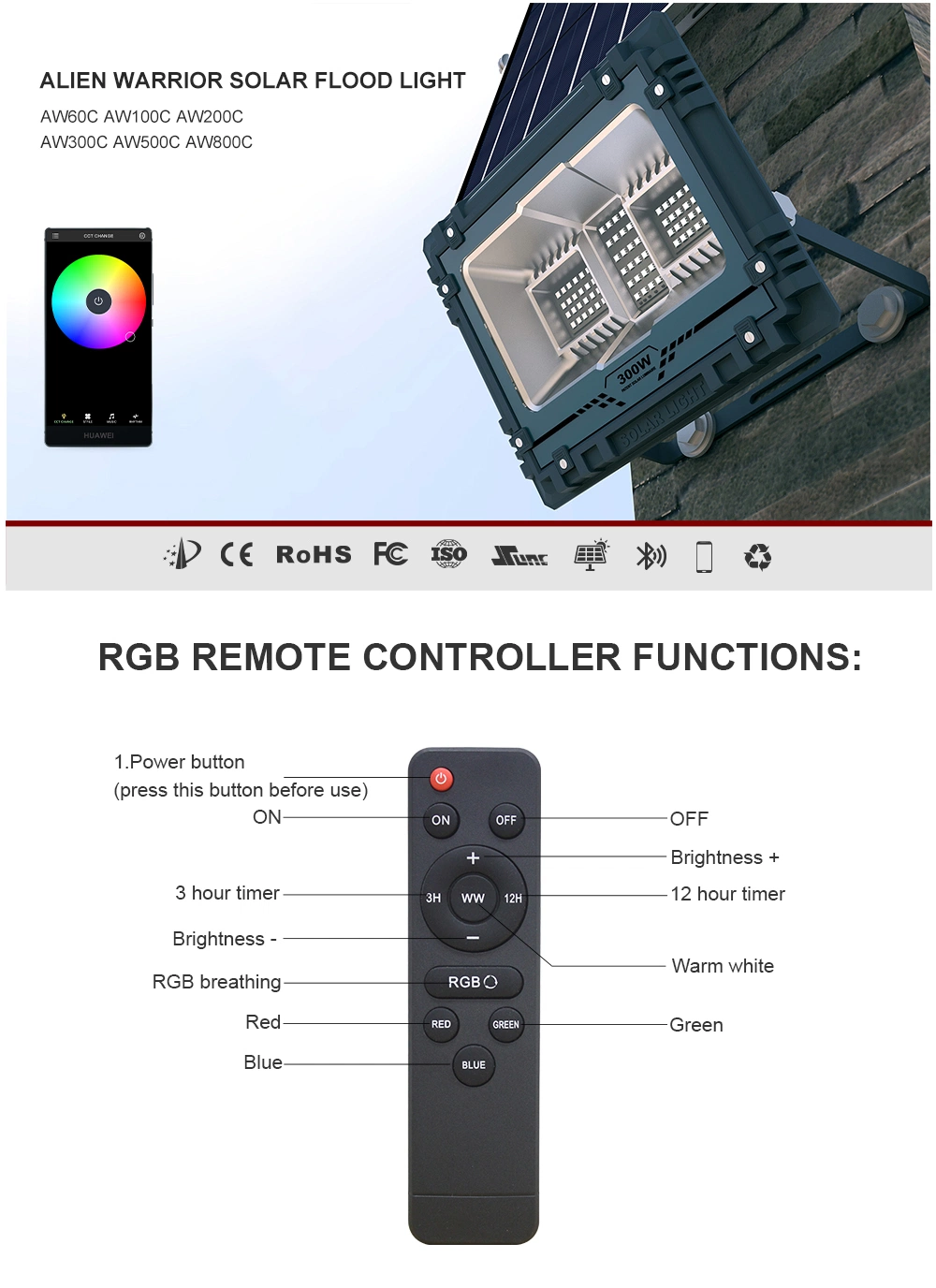 Smart APP Control RGB Color Changing 60W Solar Flood Light