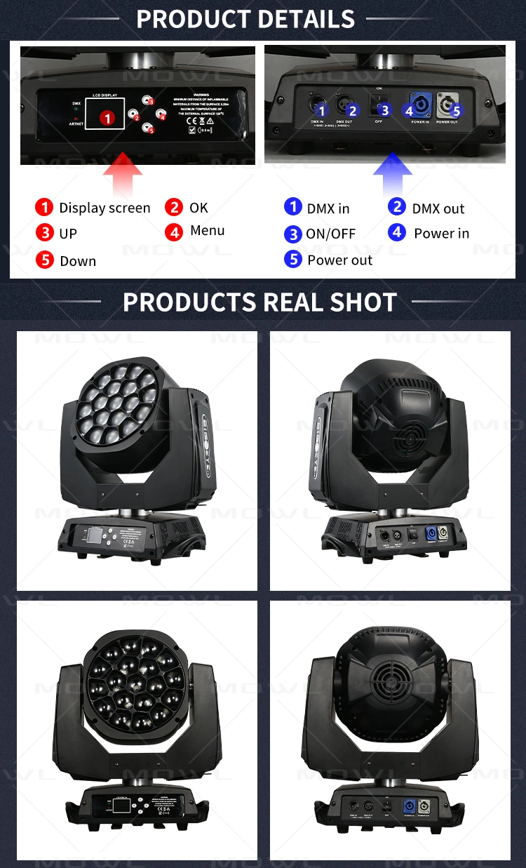 Mowl Manufacturer Price 19X15W Big Bee Eye 19*15W RGBW 4in1 LED Zoom Beam Wash Moving Head Light