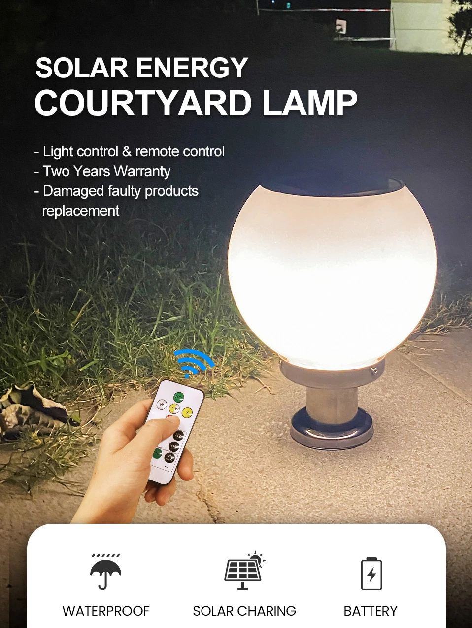 Outdoor Landscape Emergency LED Post Light Waterproof Garden Solar Pillar Lamp