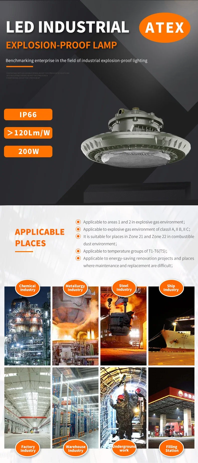 Ohbf8235 Warehouse LED Explosion Proof High Bay Lighting Suitable for Hazardous Zone1 and Zone2 Area, IP66 120lm/W with Atex Certificate