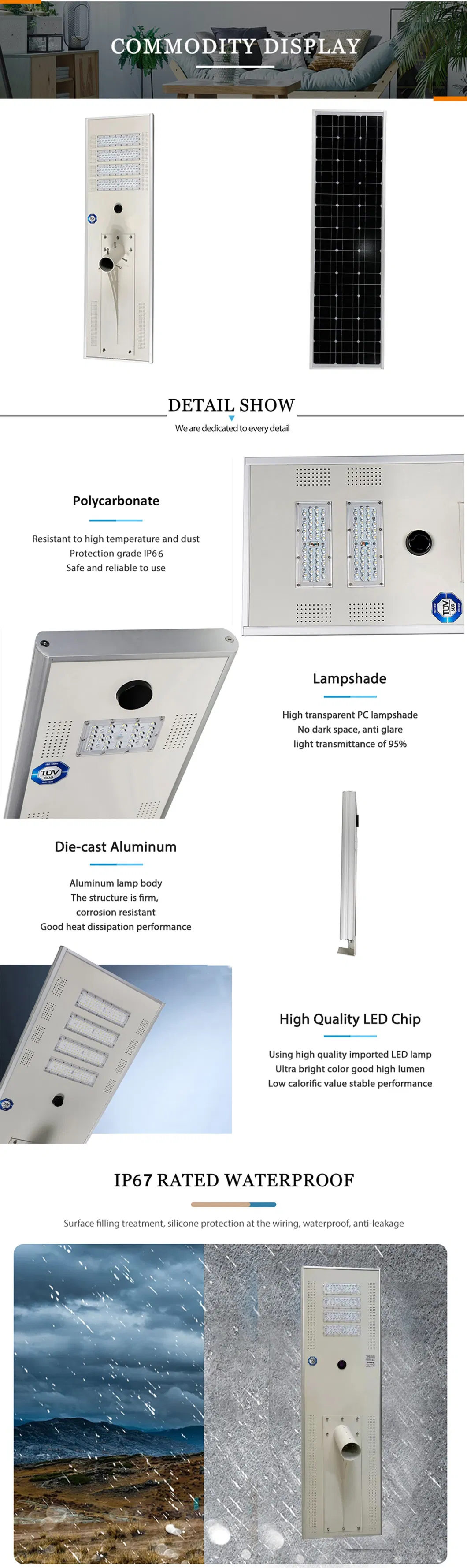 TUV Certified 30W-200W Series LED All in One Solar Street/Garden/Road Light for Poles Height Fitting 6m~12m with IP67 Ik10 CE RoHS Dialux