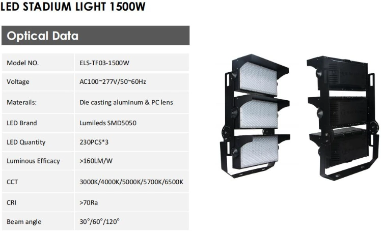 Energy-Saving and Durable IP67 Solar Floodlights Sport LED Luminaire 1000W 1500W