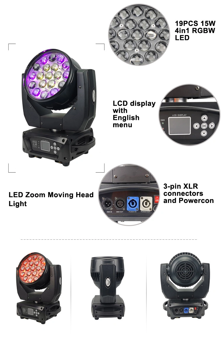 Professional Stage DJ 19X15W RGBW LED Wash Zoom Moving Head Light