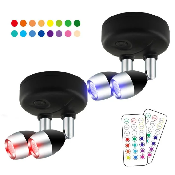 Dual Head RGB LED Indoor Decorative Wall Lighting Home Colorful Remote Control Battery Spot Lamp Adjustable Degree LED Cabinet Light with 3m Sticker