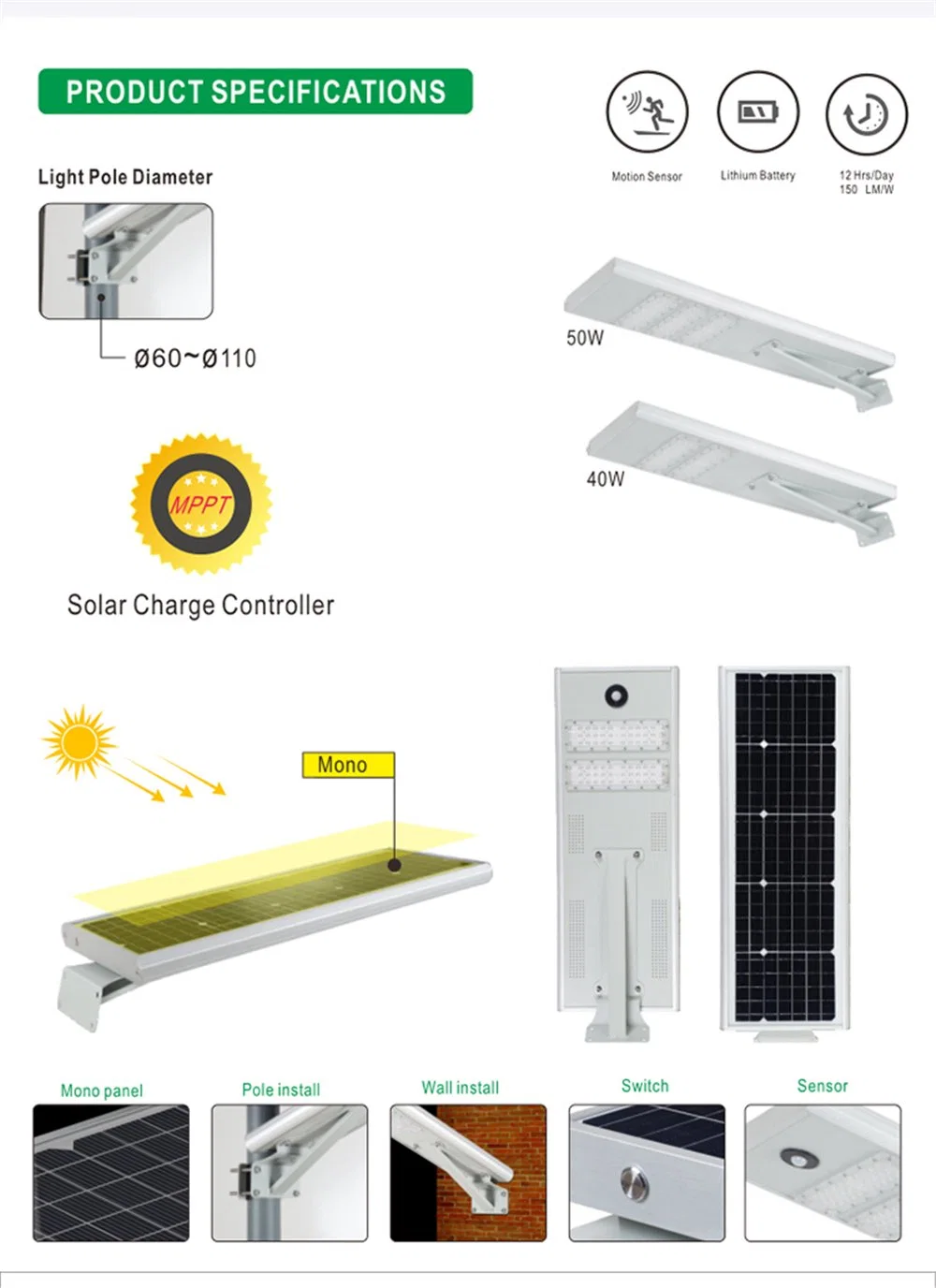 High Quality High Power 120W Integrated Solar Panel Light LED Lighting for Road Garden