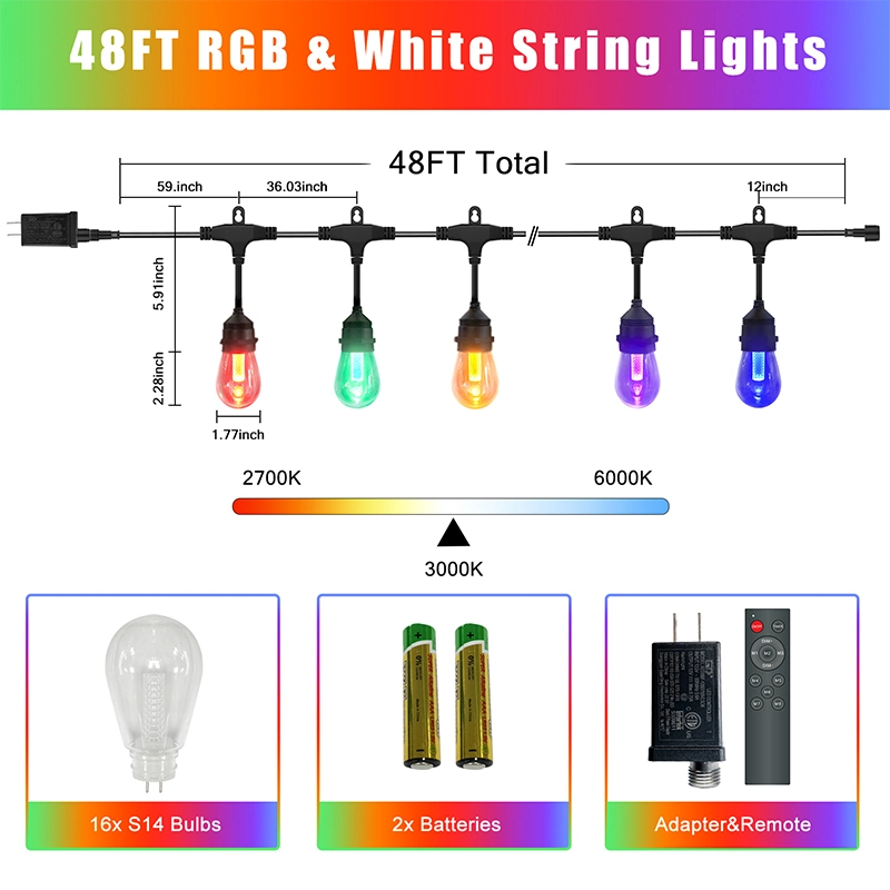Multi-Color Smart S14 Outdoor String Lights Holiday Festival Party Ornament LED Lighting High Waterproof IP65 100FT