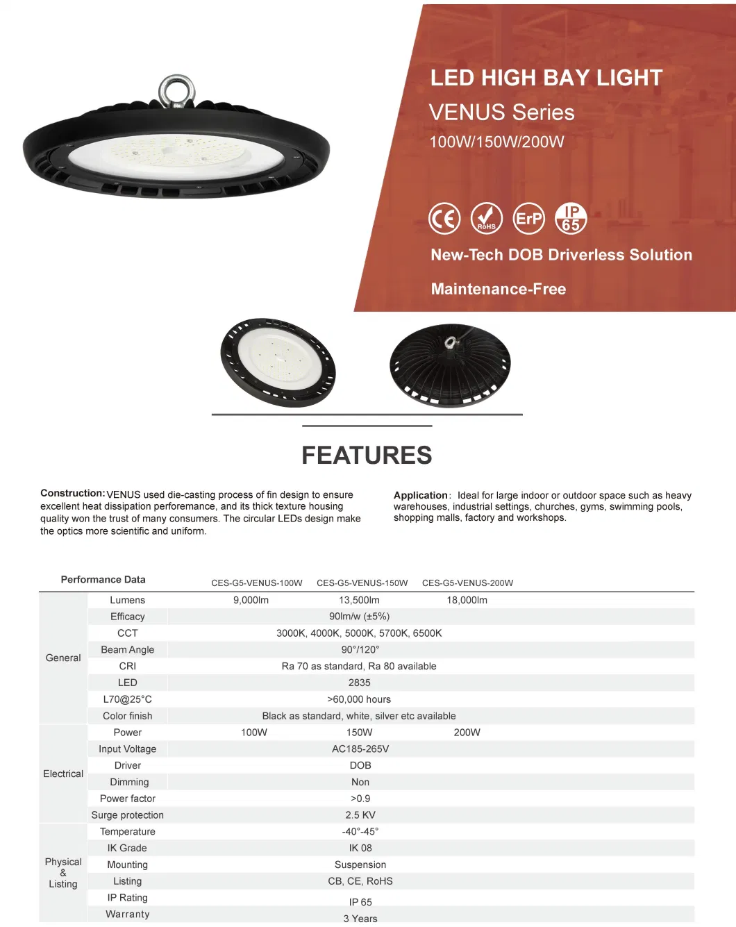 Venus Series 100W LED High Bay Light