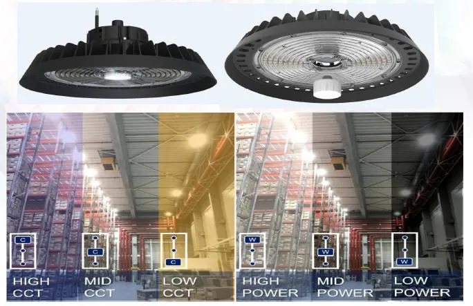 Power Swith CCT Change UFO LED High Bay Light 210lm/W 200W300W 400W 500W 600W High-MID-Low High Bay LED Lighting 3-Watts Adjustable Flicker Free Dimmable Garage
