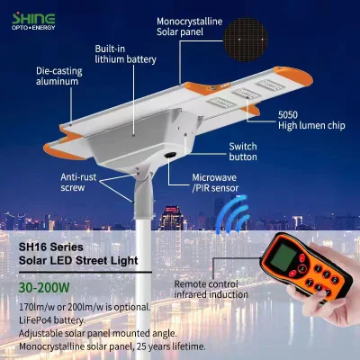 Energia elettrica da 30 W a 200 W per esterni IP66 tutto in un&prime;unica strada solare Illuminazione illuminazione integrata a LED proiettore da giardino per circolazione su strada con movimento Sensore per illuminazione pubblica