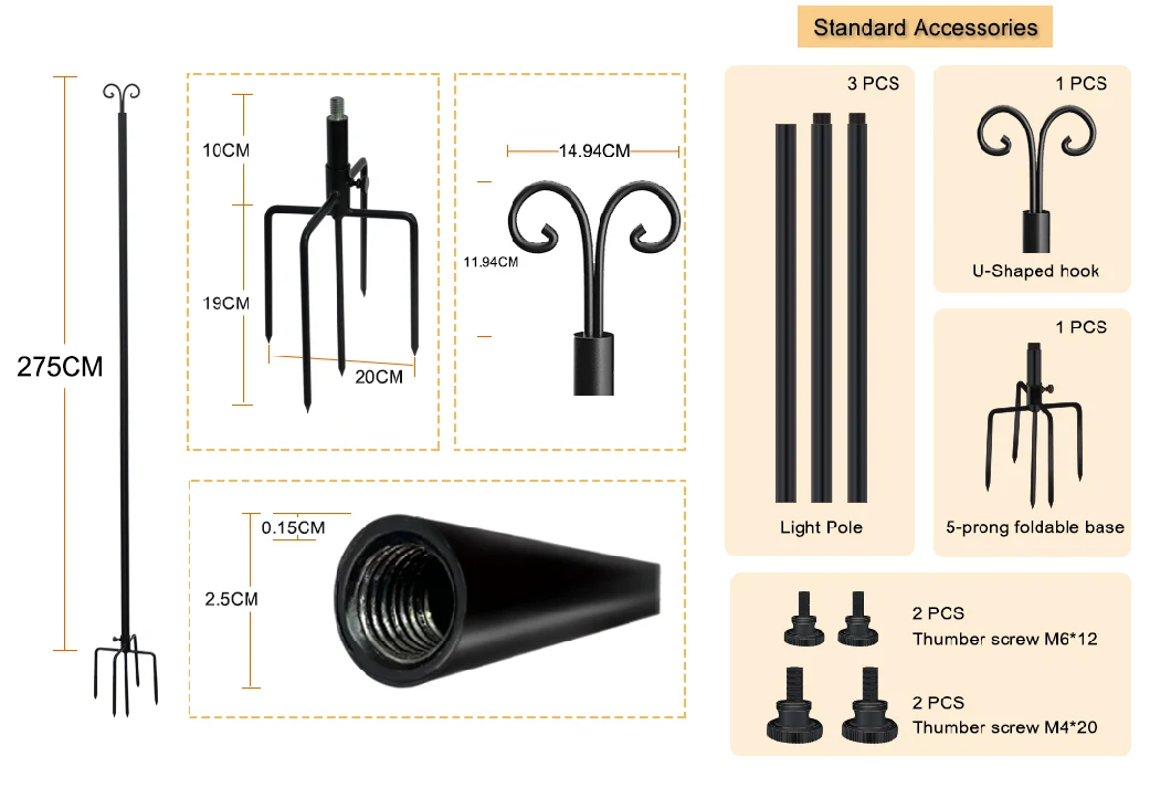 JH-Mech Flexible Black 5-Prong Galvanized Steel String Light Poles