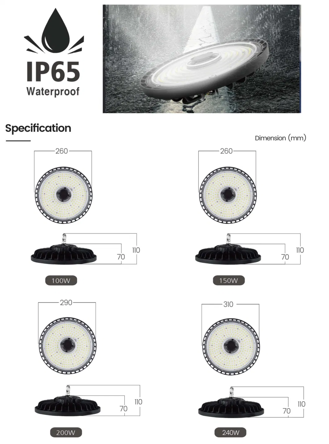 100W 150W 200W 300W Ra80 160lm/W LED High Bay Light UFO