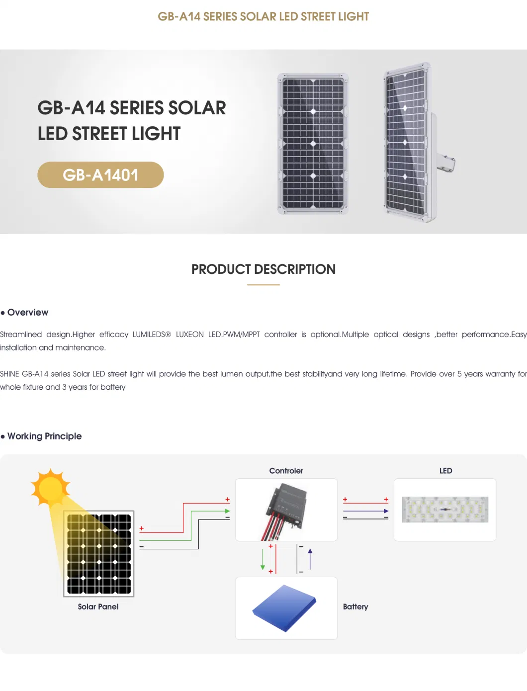 IP66 Aluminum Wholesale U Solar Street Garden Light with Good Price GB-A1401