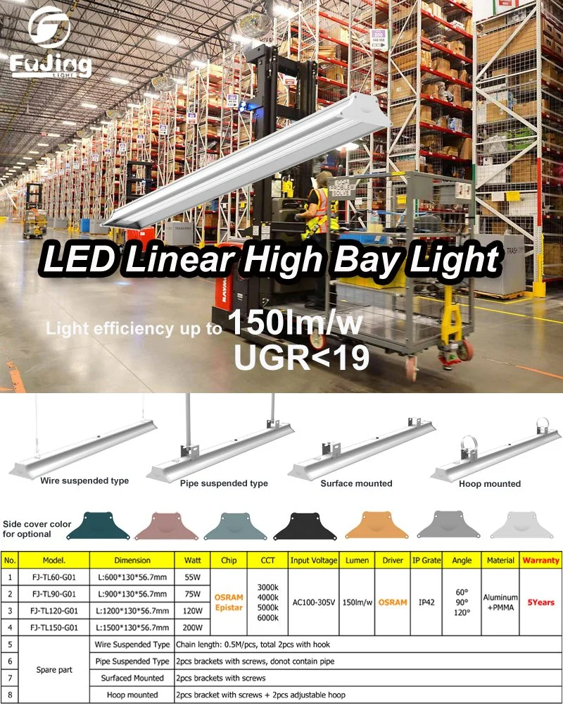 Warehouse Aluminum Housing 100W 150W 200W 155lm/W LED Linear High Bay Light