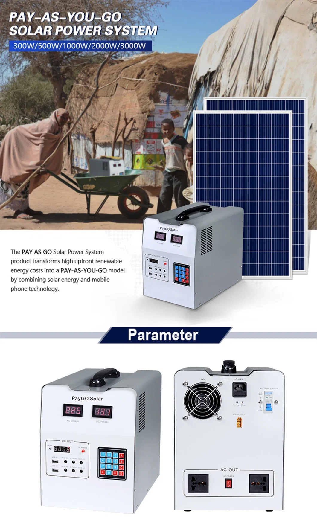 Solarthon 2022 300W 500W 1000W 2000W 3000W Battery Power Tiny Grid Mobile Systems Home Light Paygo Solar Power System