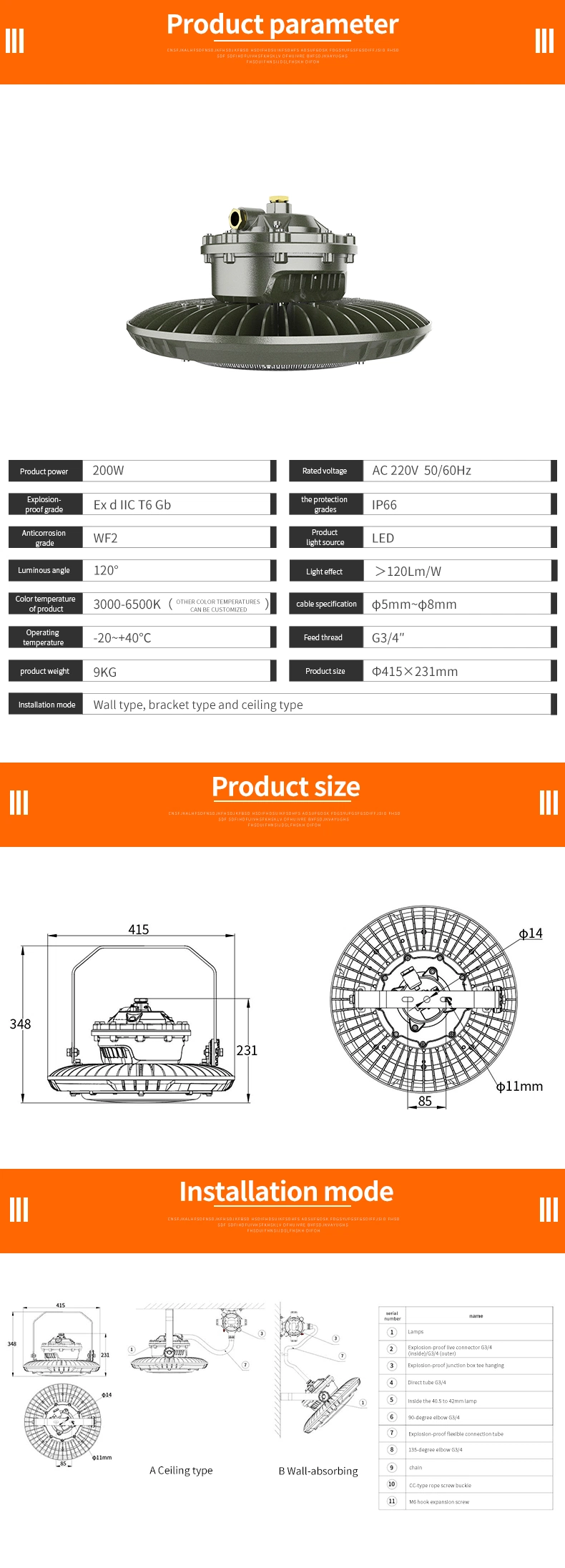 Ohbf8235 Warehouse LED Explosion Proof High Bay Lighting Suitable for Hazardous Zone1 and Zone2 Area, IP66 120lm/W with Atex Certificate