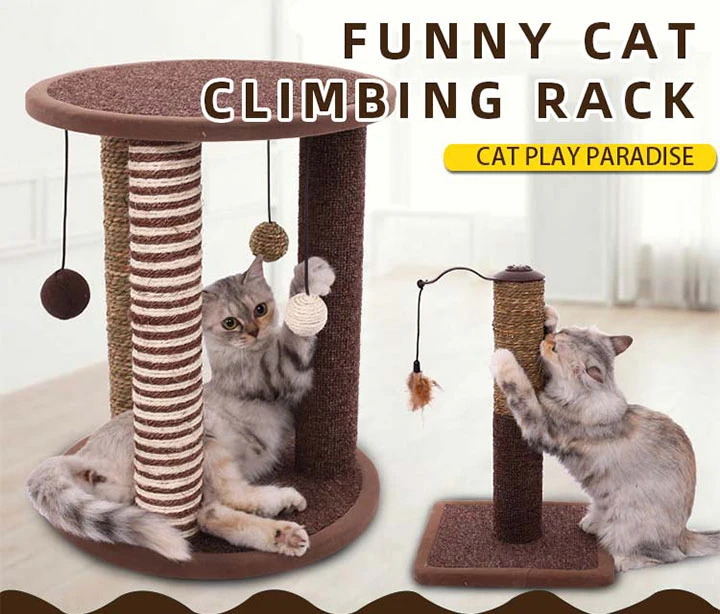 Tall Sisal Pole Cat Climbing Tree Frame Modern Cat Scratcher Post with Ball Toys