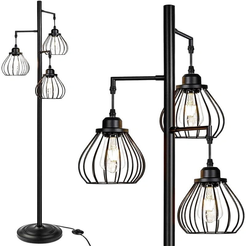 Tree Floor Lamp with 3 Elegant Teardrop Cage Head&amp; St58 Edison LED Bulbs, Sturdy Base Tall Vintage Pole Light Great for Farmhous