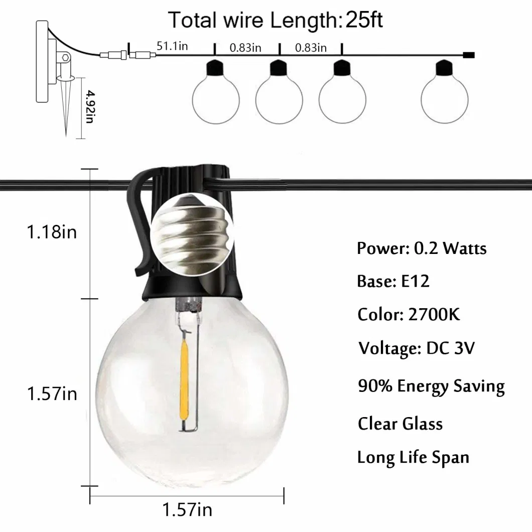 G40 String Lights Solar Powered String Light 27 LED Bulbs Hanging Indoor Outdoor Garden Light