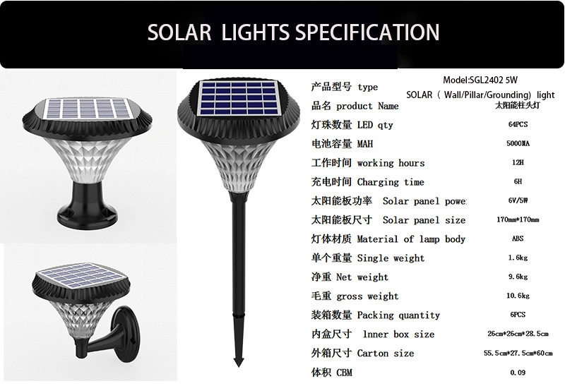 Ground Plug-in /Wall Mounted/Solar Pillar Lamp Solar Powered Light IP65 Outdoor Waterproof LED Garden Light Lawn Lamp for Landscape