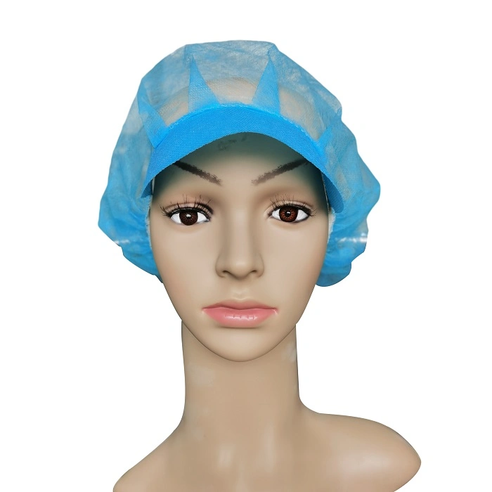 Hygienic Protection White and Blue Headwear Nonwoven Peaked Bouffant Caps PP Peak 60GSM 4 Pleats Embossed Hairnets Disposable Mob Cap with Hard Visor