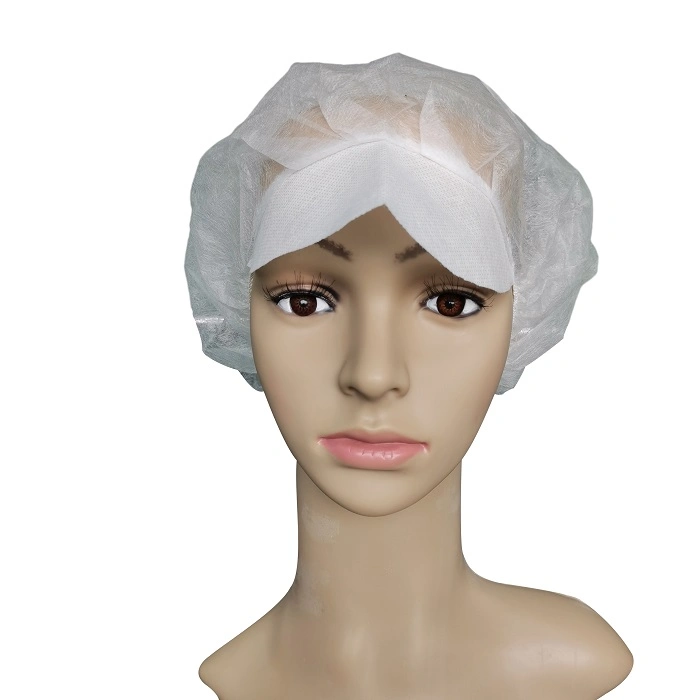 Hygienic Protection White and Blue Headwear Nonwoven Peaked Bouffant Caps PP Peak 60GSM 4 Pleats Embossed Hairnets Disposable Mob Cap with Hard Visor