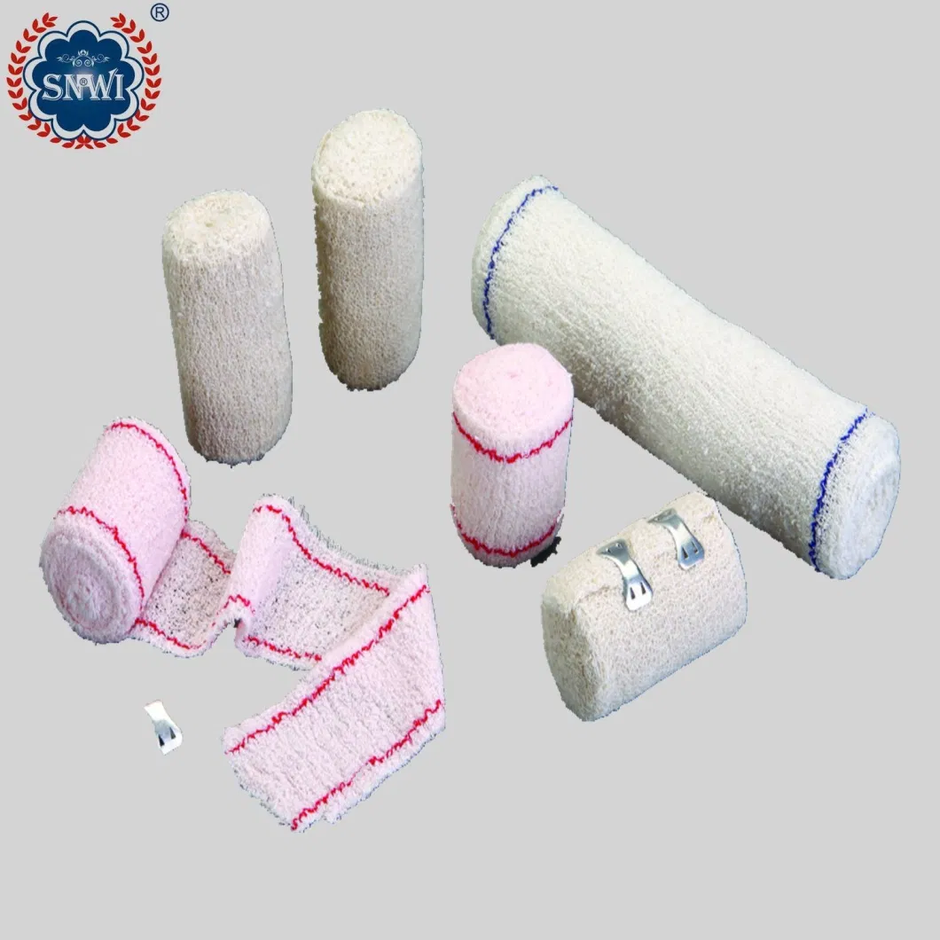 High Quality Emergency Medical Surgical Cotton Disposable Red Blue Line Spandex Crepe Elastic Bandage with Metal Clips