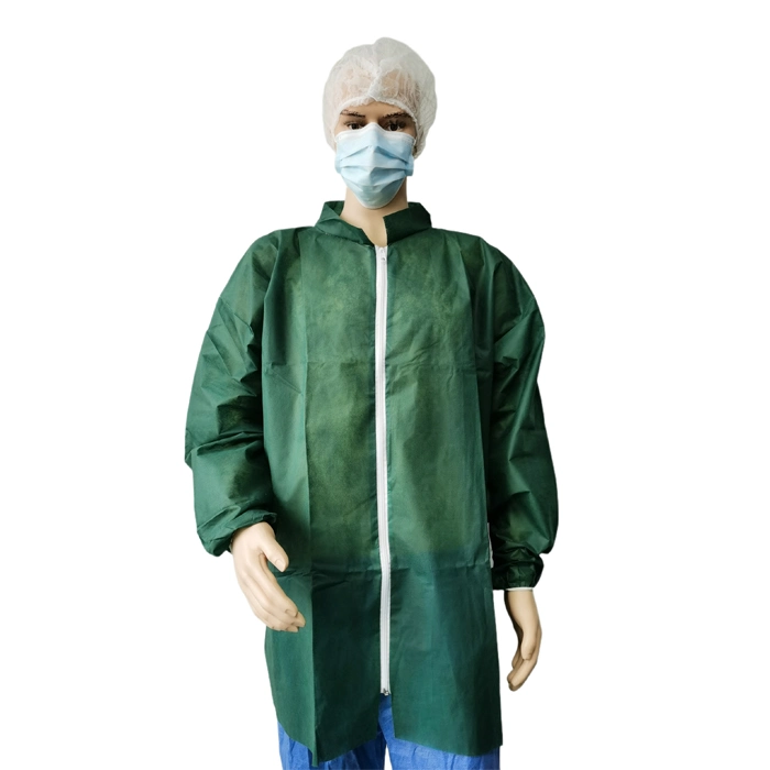 ISO13485 Approved Factory PP Non Woven Visitor Coat Dust Resistant Green Lab Coats Disposable Smocks Polypropylene PP Visit Coverall Gowns with Velcro Closure