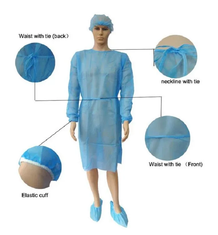 China Factory Wholesale Price Blue Yellow White 30GSM 40GSM Apron Suit PP PE SMS Disposable Medical Uniform Surgical Isolation Gown for Hospital