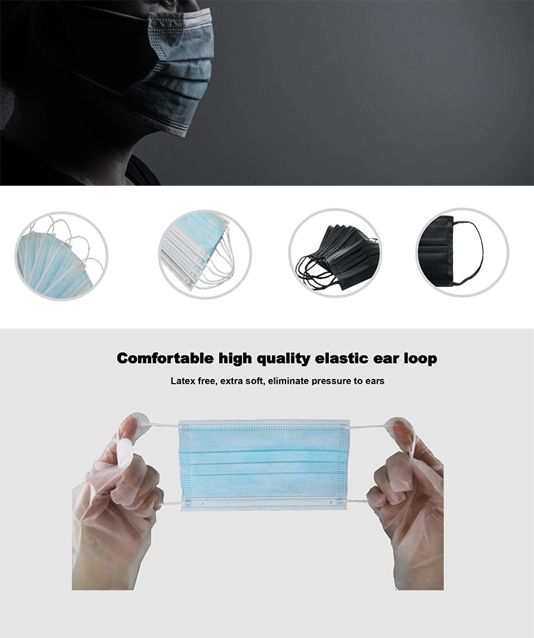 CE Certified Nonwoven Disposable Type Iir En14683 Bfe99% Surgical Medical Black Civil Face Mask with Earloop China White List Supplier