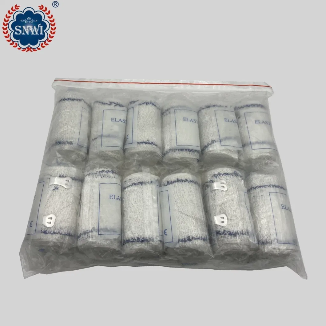 High Quality Emergency Medical Surgical Cotton Disposable Red Blue Line Spandex Crepe Elastic Bandage with Metal Clips