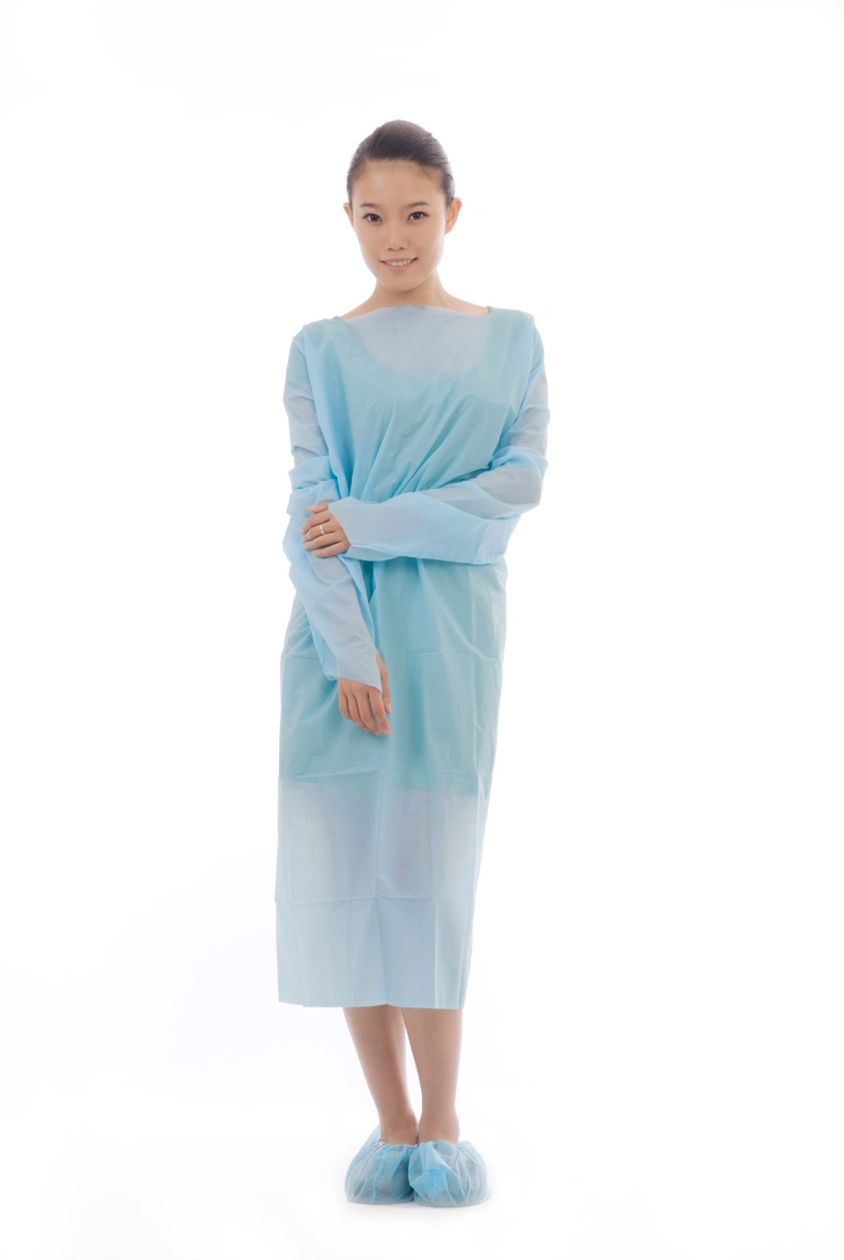 High Quality Single Use CPE Gown Long Sleeves with Thumb Cuffs and Apron Style Neck for Laboratory