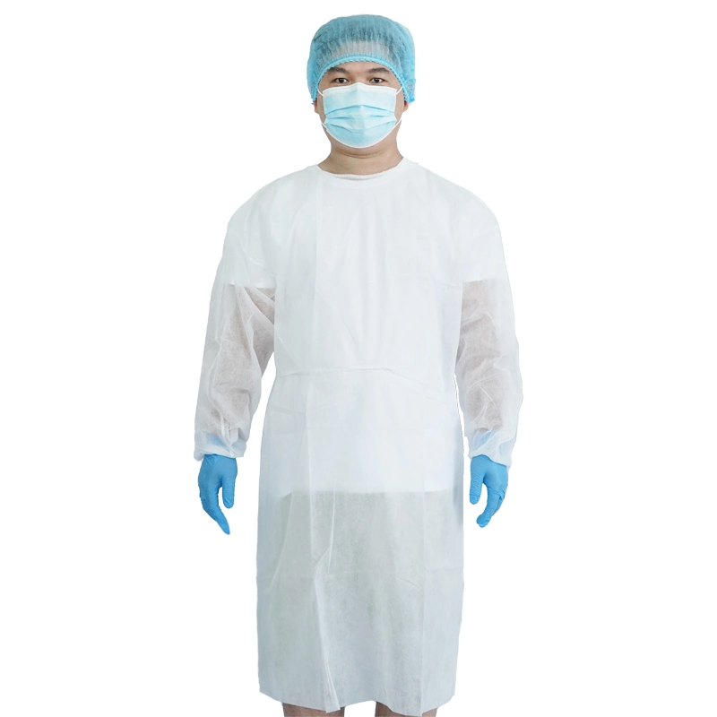 Non-Sterile PP+PE Disposable Universal Isolation Gown 25-40GSM in Stock for Hospital/Clinic/Lab