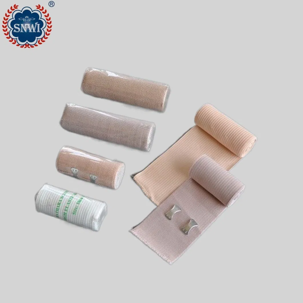 High Quality Emergency Medical Surgical Cotton Disposable Red Blue Line Spandex Crepe Elastic Bandage with Metal Clips