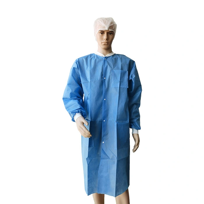 Breathable Non-Sterile Snap Button Blue SMS Isolation Gown GB18401-2010 Class B Disposable Medical Nonwoven Lab Coat