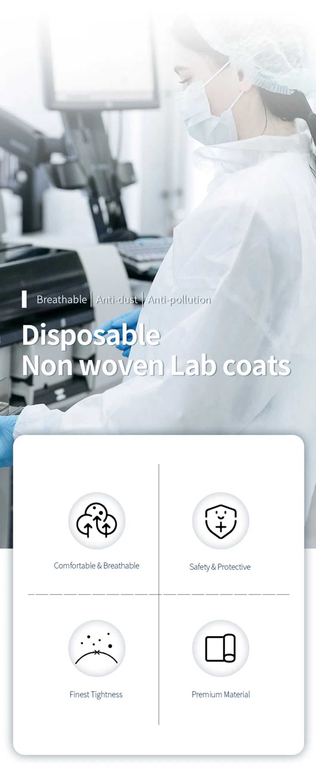 Disposable Non-woven Long Sleeve Protective LabCoat factory supply Lab coat for Industry