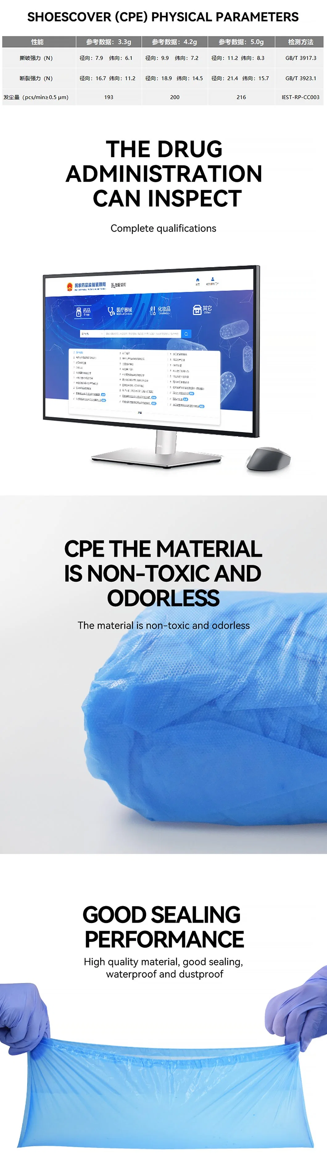 Factory Direct High Quality Disposable Medical Shoe Cover, CPE Shoe Cover,