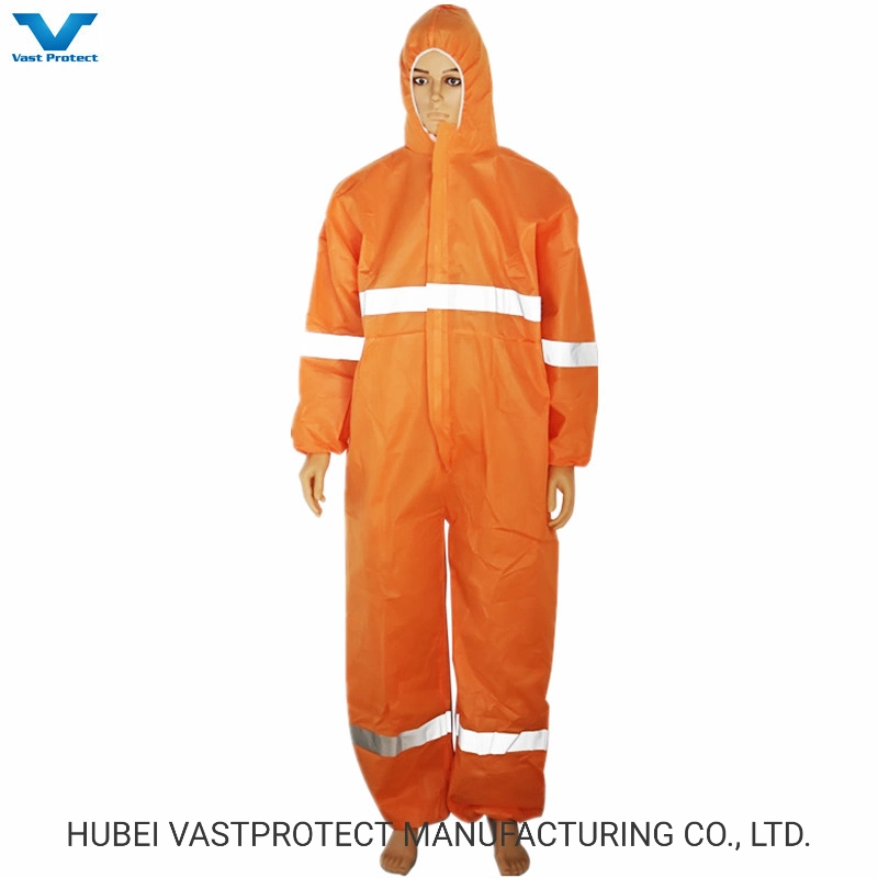 Factory Orange Nonwoven SMS Microporous Disposable Coveralls with Reflective Stripes