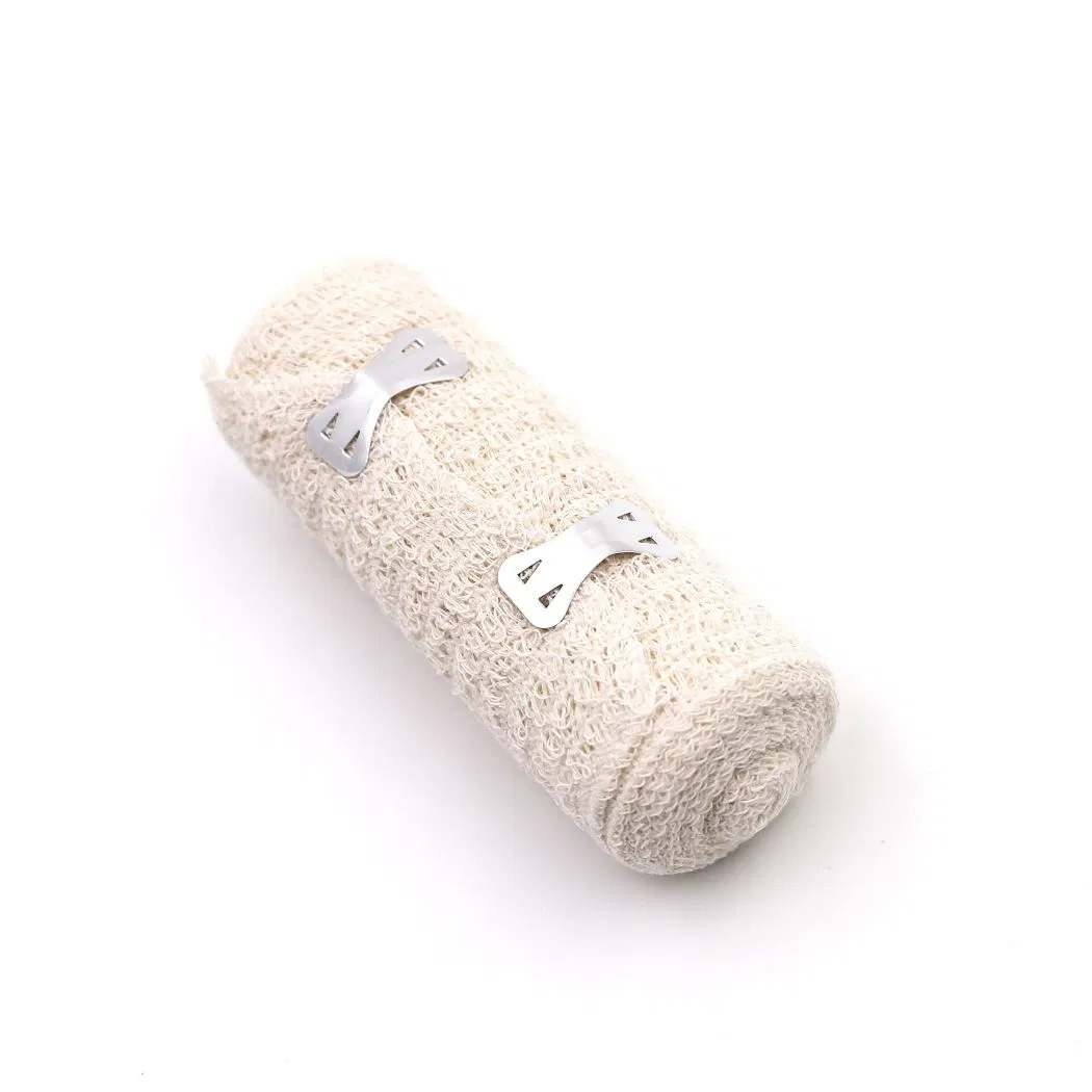Medical Cotton Raw/Bleached White/Skin Color 60GSM/65GSM/70GSM Spandex Elastic Crepe Bandage with Two Metal Clips