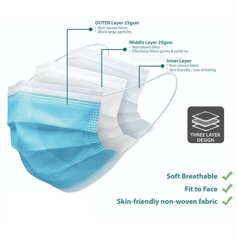 PP Non Woven Disposable Protective Earloop/Tie on 3layers Anti Dust Face Mask in Blue