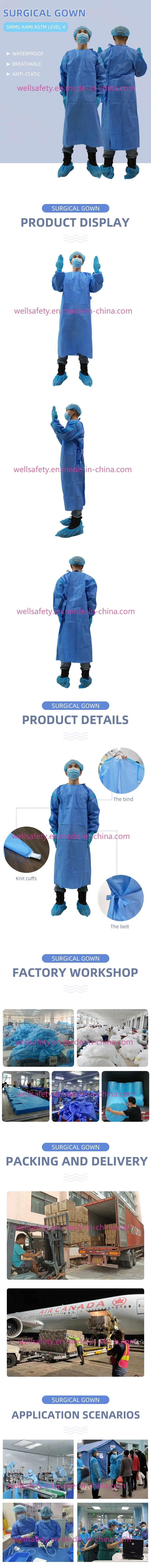 AAMI Level 4 Disposable SMMS Doctor Surgical Gown 40g Knit Cuffs for Lab Chemical Splash Isolation Gown Washable Reusable En14126